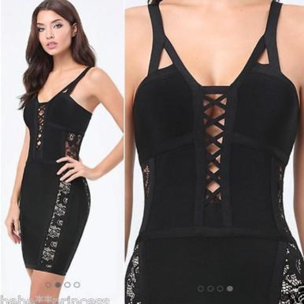 Bebe black lace up bandage “Natalie” dress